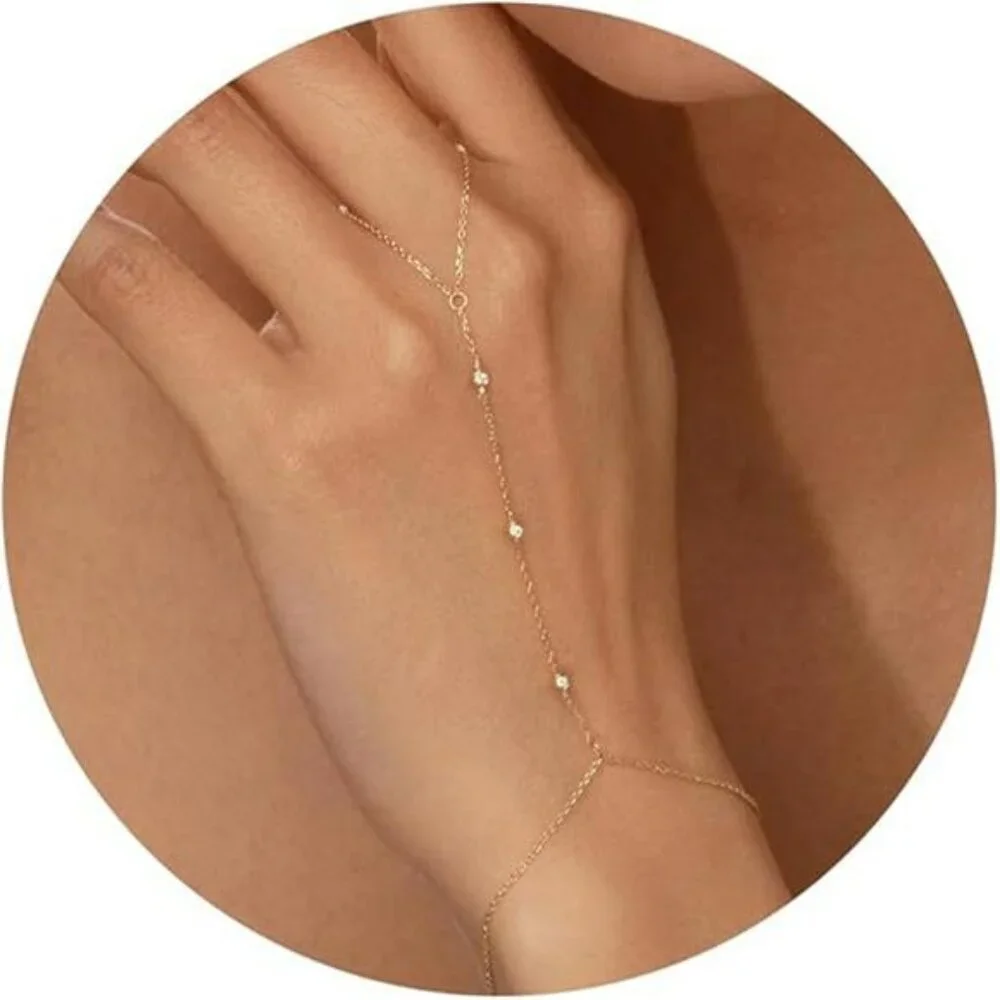 Gold hand chain bracelet ring slave cuff dainty 14k gold plated cubic zircon jew